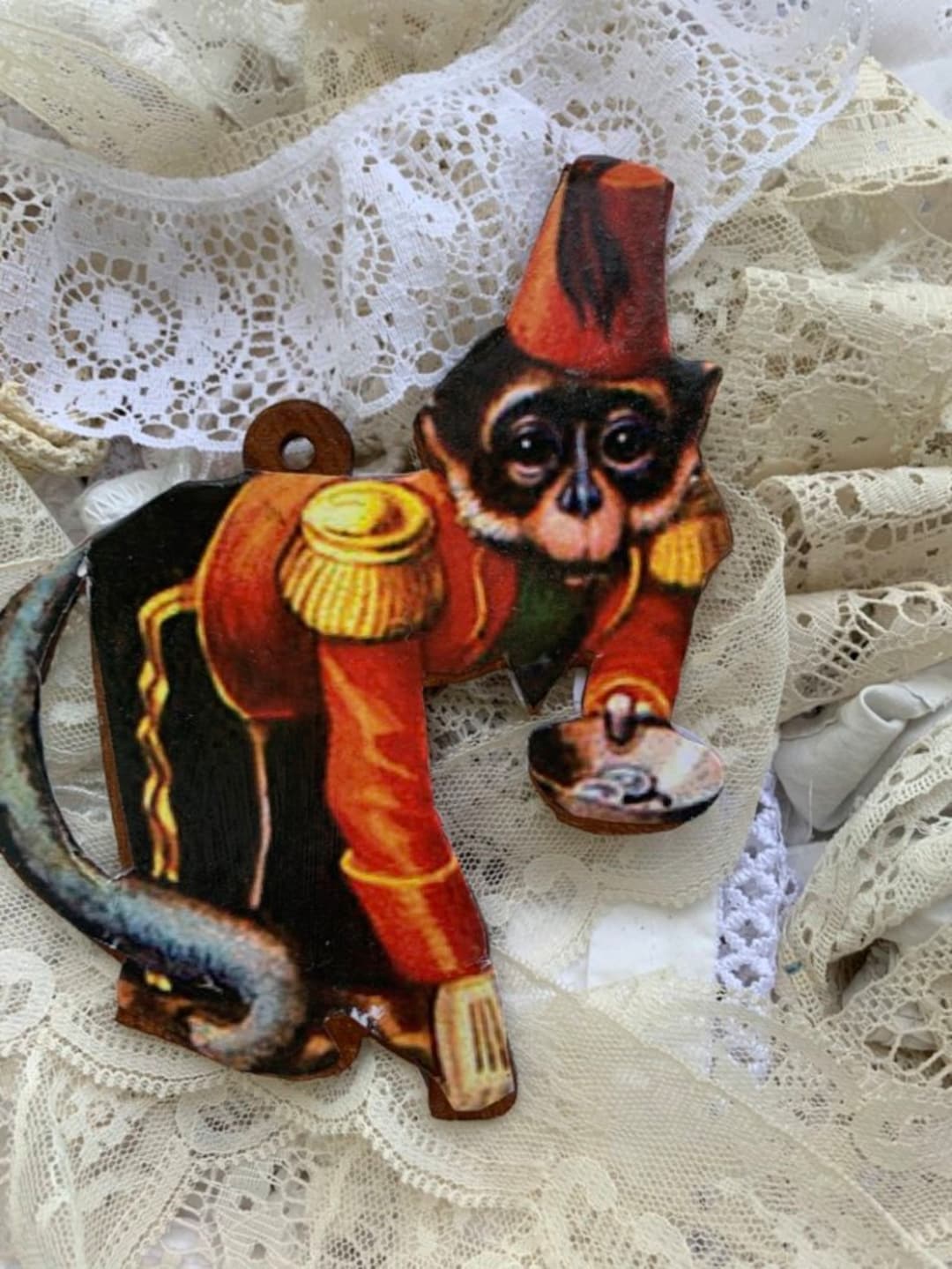 Christmas Any Time Circus MONKEY All Wood Ornament*two Sided