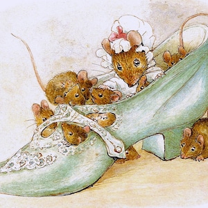 May include: A group of brown mice are gathered inside a light blue shoe with white lace detailing. The shoe has a high heel and a pointed toe. One mouse is wearing a white bonnet with a pink bow.