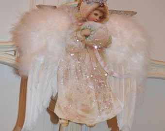 Angel Decoration.SALE*Ornament.Regina Queen of the Angels.Real large feathered wings.German glitter and mica.Dazzling.
