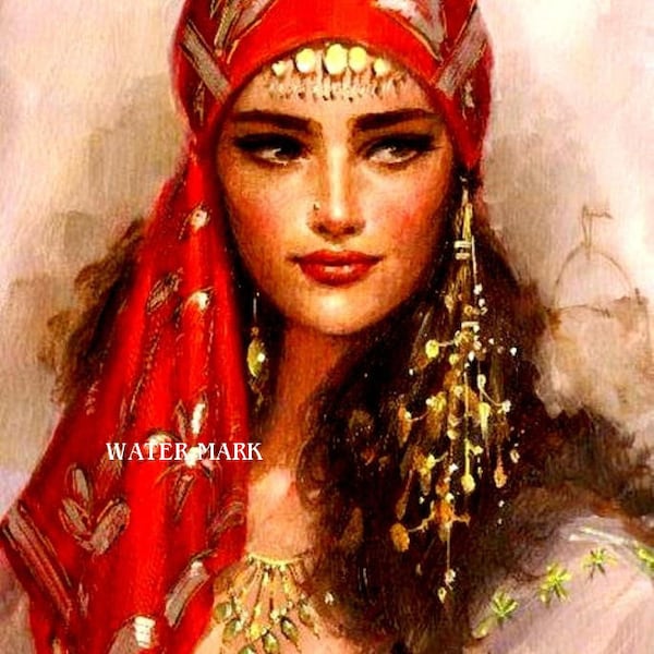 Gypsy Girl AA*Woman*Lady*Red headpiece*Glorious*Bohemian**BOHO*Quilt art fabric block*Quilts,Pillows,Sachets,Frame