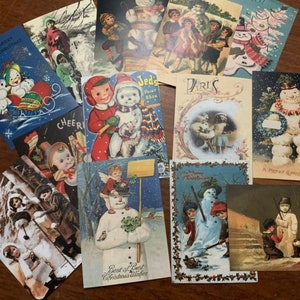 Cartões postais de Natal de boneco de neve estilo vintage * Papel cartão de qualidade * 12 imagens diferentes * CARTÕES DE LUGAR * Cartão de presente * Etiqueta de preço * Mantenha contato * Convite