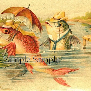 Download digitale Mr. e Mrs. Pesci nello stagno, IMMAGINE vintage. Rara. Ideale per biglietti, decoupage, collage, cucito e molto altro ancora.
