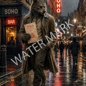 May include: A werewolf figure with fur, wearing a long brown trench coat and trousers, walks down a rainy London street. The figure holds a menu titled New Long Cheng Chinese Restaurant with a pagoda illustration. Neon signs for Soho and a bar are visible.