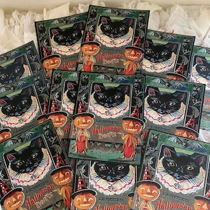 POSTKARTEN*Halloween Katze Rüschenkragen und Kürbismenschen*Große*12 gleiche Karten*Postkartenrückseite*Briefmarke*