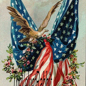 Aquila con bandiera*Immagine da cartolina in stile vintage*Ottima*Download digitale immediato. Patriottico*Perfetto per etichette, biglietti, regali e altro ancora