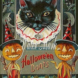 CARTES POSTALES * Chat d'Halloween avec col à volants et personnages citrouilles * Superbe * 12 cartes. Enveloppes * Magnifique