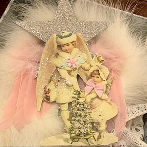 VICTORIAN Christmas any time Sisters Angel ornament** Pink accents*Pink wings*Cut two layers*German glitter*Gorgeous