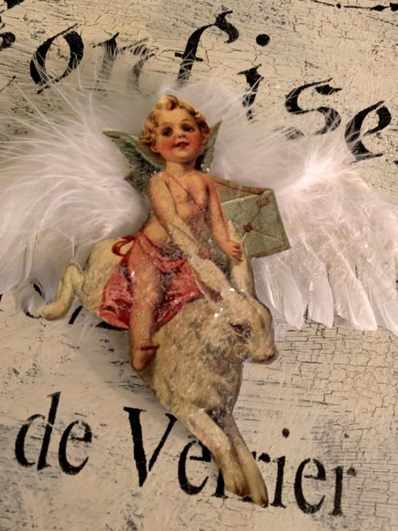 Angel Holding Rabbit EASTER Any Time*angel Rides Rabbit Ornament*think Feather Tree, Easter ...