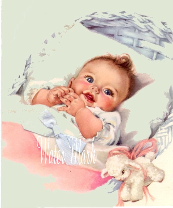 Vintage Baby playing in Hat Box Quilting Fabric Block 5x7