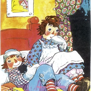 Raggedy Ann and Andy on a bed*TWO 5x7 inch fabric blocks