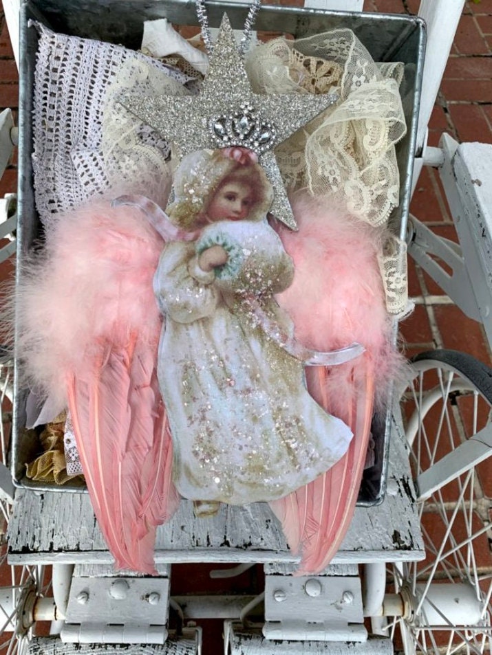Angel Decoration.SALE*Ornament.Regina Queen of the Angels.Real large feathered wings.German glitter and mica.Dazzling.