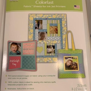 May include: A package of Colorfast fabric sheets for ink jet printers. The package features a sample quilt, a tote bag, and a framed photo. The package dimensions are 8.5 inches by 11 inches.