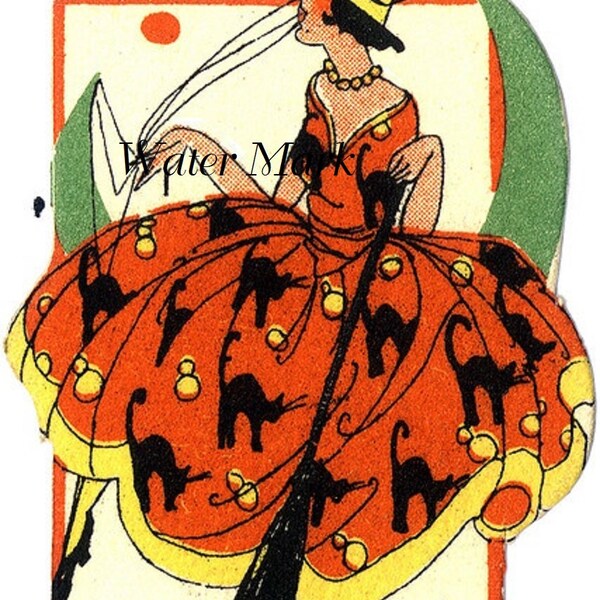 Halloween witch art deco  big skirt*Instant Digital Download,cards, tags,postcards and moreADORABLE