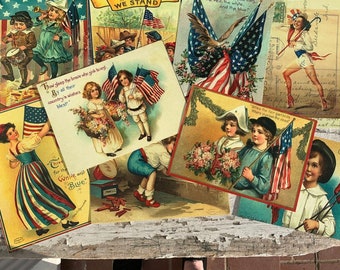 Patriotic 5 x7 inch postcards with children, flag and more*You will receive 10 with  white envelopes*Vintage reporduced on heavy cardstock
