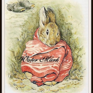 May include: A watercolour illustration of a brown rabbit wearing a red striped blanket. The rabbit is sitting on the ground with its head down and its eyes closed. The rabbit is surrounded by green grass and brown earth.