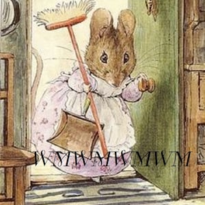May include: A cartoon illustration of a mouse wearing a pink dress and holding a broom and dustpan. The mouse is standing in a doorway with a green door and a wooden floor.