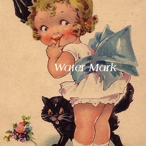 Niña con un gran lazo azul y un gato negro *Halloween*Grandes gráficos*Descarga digital instantánea, tarjetas, etiquetas, postales y mucho más ADORABLE