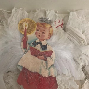 Sale Special*Kerstkoor ornament jongensengel*Schitterende gouden glitter*Duitse glitter*In twee lagen gesneden*Witte vleugels*Halo