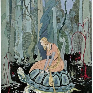 FRENCH  FAIRY TALE maiden and turtle*Amazing graphics *Quilt art fabric block*Quilts,Pillows,Sachets,Frame*Gorgeous*Ready to stitch