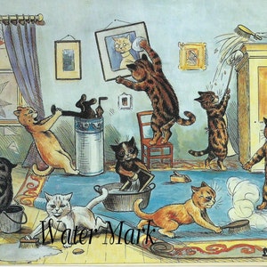 Descarga digital instantánea. Gatos, gatitos y muchos haciendo tareas domésticas. Imagen única. Crea tarjetas, haz decoupage, collage, cose y mucho más.