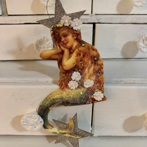 MERMAID Gorgeous ornament*Sirena*Dazzling stars*MULBERRY handmade  paper flowers*German glitter*Lovely