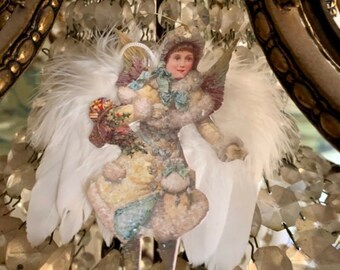 天使*クリスマス*アナベラ*本物の羽根*高さ4インチ*ドイツ製グリッター