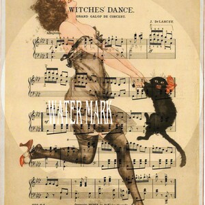 Collage de danse de sorcières d'Halloween * Une fille danse avec son chat noir * En exclusivité pour nous * Une impression sur papier cartonné 8 x 10