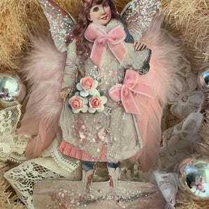 Victorian angel  girl with a bouquet of pink paper roses*Pink wings*German glitter