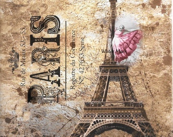 DECOUPAGE handmade paper*GIRL Eifel tower Paris*Exclusively ours*Gorgeous *Supplies*Decoupage* Use on Tags*Wood*Glass*Metal