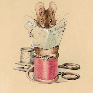 May include: A brown mouse wearing spectacles sits on a reel of thread and reads a newspaper titled "The Tailor and His Cut".