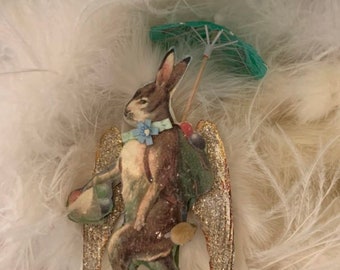 Lapin de Pâques / Printemps * Ornement de lapin * Coupe à la main en deux couches * Pouf de plume * Renforcé * Robuste * Fort * Ailes en argent faites à la main * Ailes de plumes réelles