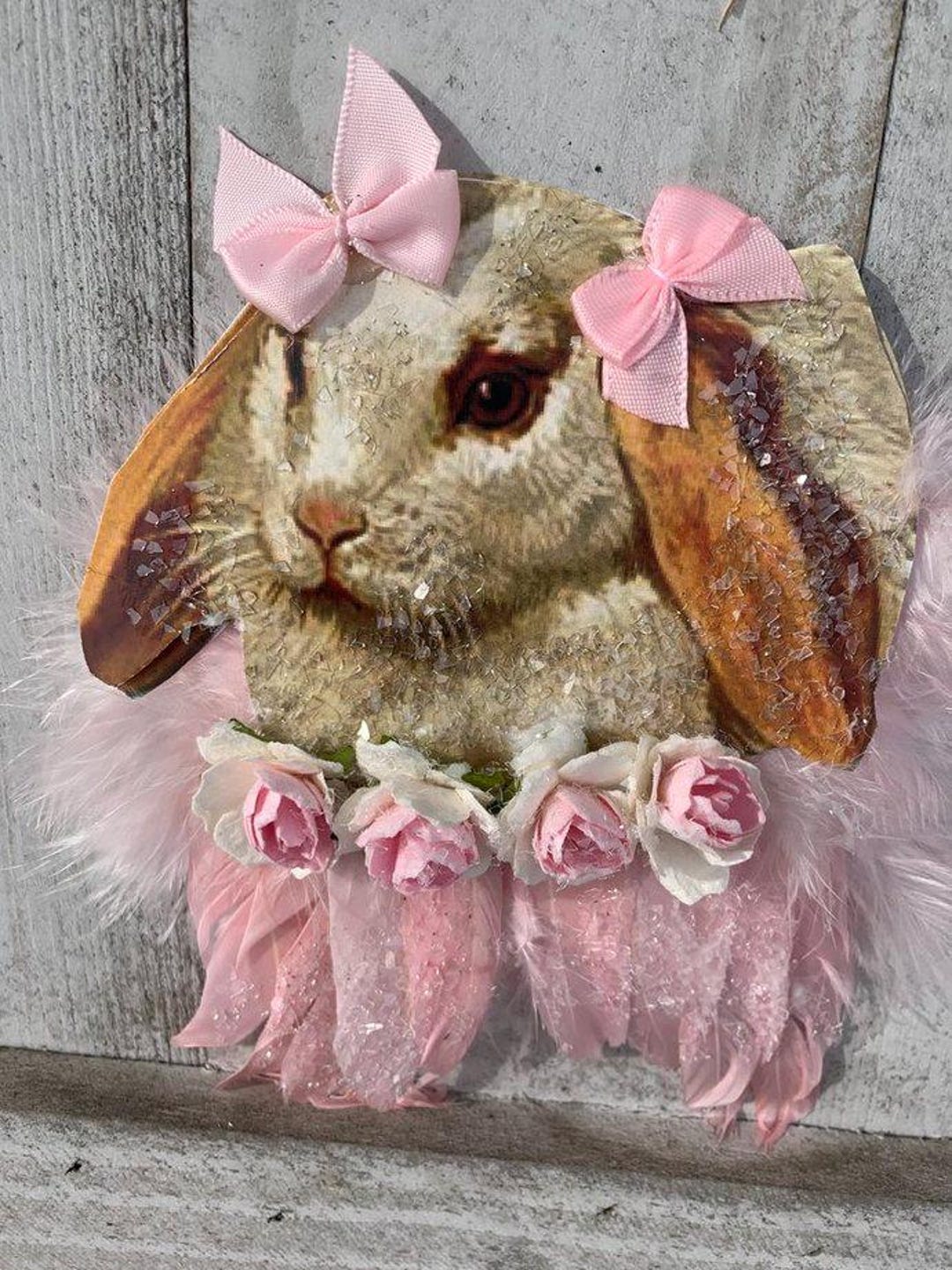 Feathered Rabbit EASTER ANYTIME Rabbit Angel Head Ornament*oh Darling*pink Real ...