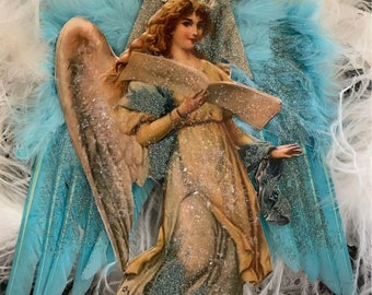 Light Dresden angel ORNAMENT with the seafoam wings*German glitter*Dazzling star*Christmas any timeand cut in two layers*Stunning