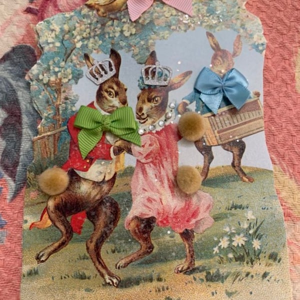 Easter Royal Rabbits dance to the tune of the organ grinder rabbit ornament*Reproduced from a Victorian German die cut*German glitter