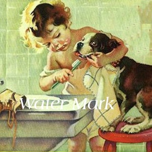 Téléchargement numérique instantané, cartes, étiquettes, cartes postales et plus encore * Fille se brossant les dents d'un chien * ADORABLE