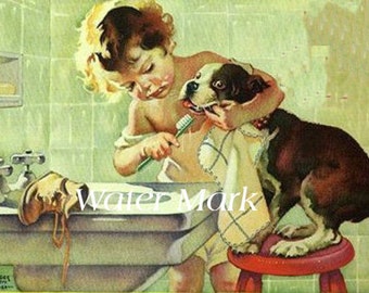 Instant Digital Download,cards, tags,postcards and more*Girl brushing dogs teeth*ADORABLE