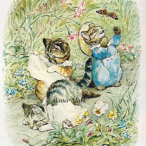 May include: A watercolour illustration of three kittens playing in a garden. One kitten is wearing a blue dress and a straw hat, another is wearing a white dress, and the third is wearing a white dress and is lying on the ground. The kittens are surrounded by green grass, flowers, and a butterfly.