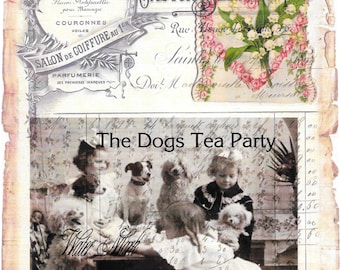 Dog*Dogs* Girls tea party*O darling*Collage French ledger and lilly of the valley flowers*Quilt art fabric block