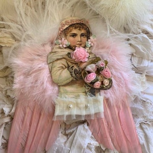 Victorian French angel*ANGELINE*LARGE Ornament*Christmas*Cut two layers*Handmade roses * LARGE Pink feathered wings*Gorgeous