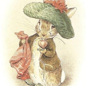 May include: A vintage illustration of a rabbit wearing a green hat with a red flower, a brown jacket, and holding a red cloth and an apple. The rabbit has white fur and is set against a white background. The image has a storybook style.