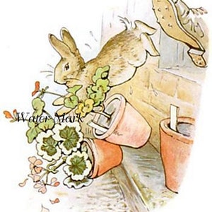 Può includere: Un coniglio marrone salta sopra un vaso di fiori, facendo cadere un altro vaso con una pianta verde. Il coniglio è in aria, con le zampe posteriori allungate e le zampe anteriori protese in avanti. Il vaso di fiori è marrone e ha un bordo bianco. La pianta è verde e ha fiori bianchi. Lo sfondo è un muro di mattoni.