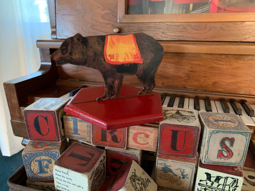 CIRCUS BEAR Wood Ornament in His Very Own Hexagon Stand