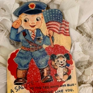 Valentine policeman ornament*So darling*Vintage inspired from an old school Valentine*Patriotic*Hand cut two layers*German glitter*Sturdy