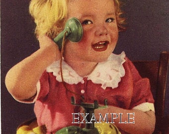 GIRL on green toy telephone, call me,instant  digital download, great for cards, decoupage, collage,sewing and so much more