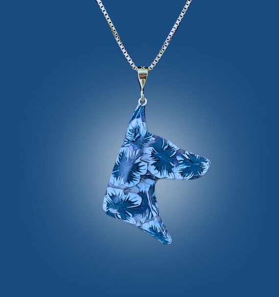 Doberman necklace, blue flowers