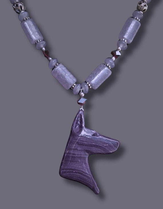 Doberman beaded necklace, Lepidolite and Garnet