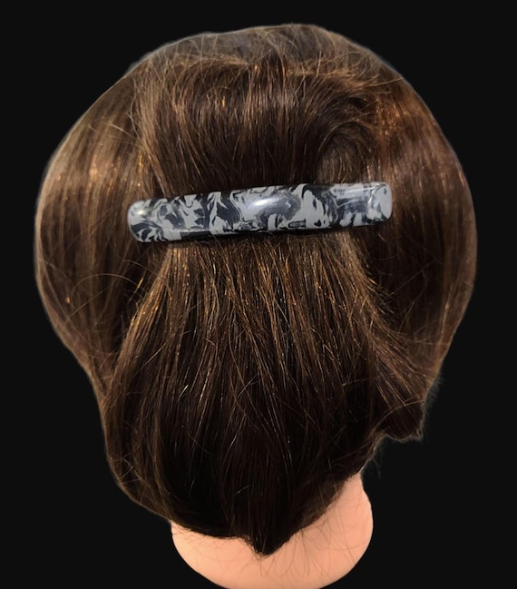 Black and Grey Abstract Barrette, Super Grip, vintage Made in France clip