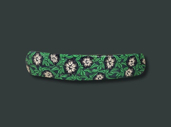 Black Flowers with Greenery Barrette, Super Grip, Vintage Made in France clip