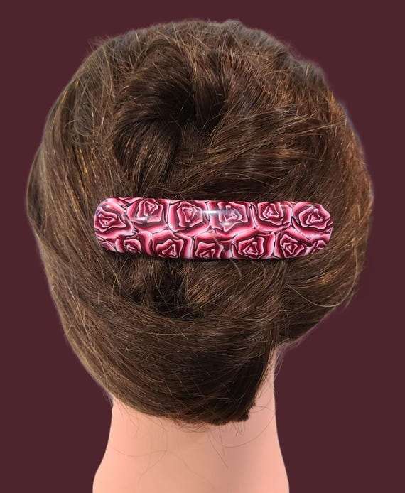 Red Roses Barrette, Super grip, Vintage Made in France clip
