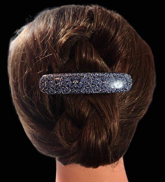 Blue, white, black abstract barrette, super grip, vintage made in France clip